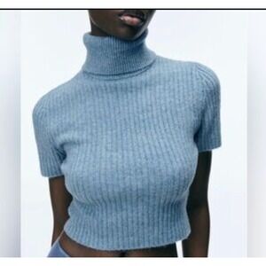 Zara Womens Wool Blend Ribbed Turtleneck Short Sleeve S Blue‎ Quiet Luxury